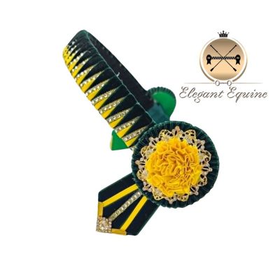 15 x 1 inch Hunter Green and Yellow with Diamontie Ribbon Browband